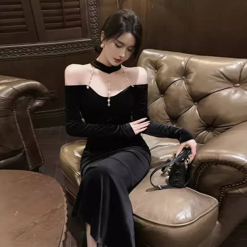 Mermaid Halter Black Birthday Dress Velvet 21th Birthday Outfits P950