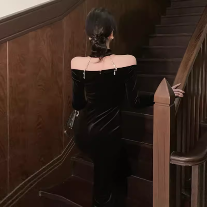Mermaid Halter Black Birthday Dress Velvet 21th Birthday Outfits P950
