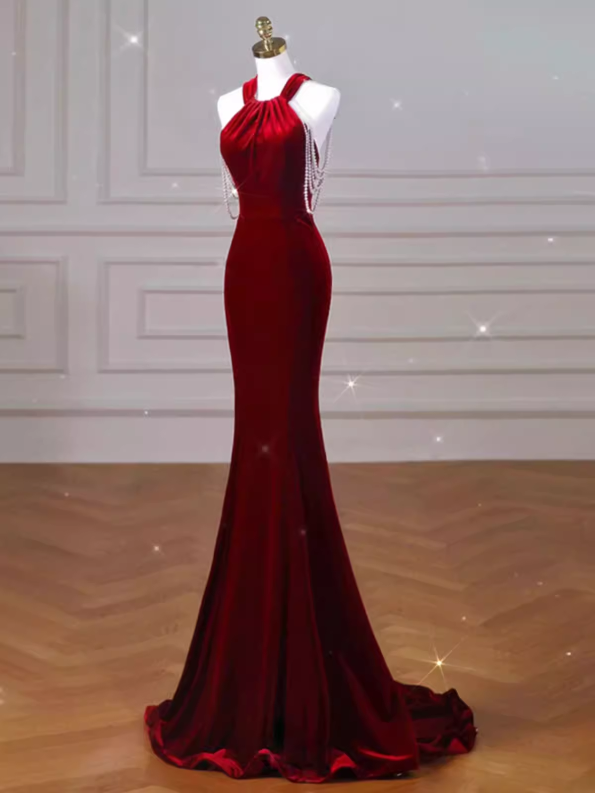 Sexy Mermaid Velvet Party Dresses Red Prom Dresses P954