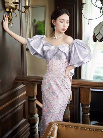 Sexy Mermaid Off The Shoulder Sequin Lilac Long Prom Dresses P1004