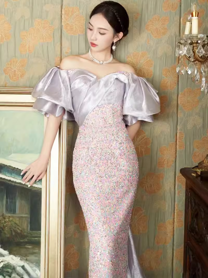 Sexy Mermaid Off The Shoulder Sequin Lilac Long Prom Dresses P1004