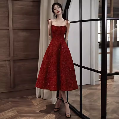 Elegant Spaghetti Straps Vintage Lace Red Dress Women Birthday Outfits P1005