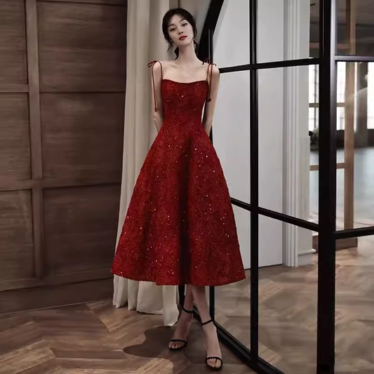 Elegant Spaghetti Straps Vintage Lace Red Dress Women Birthday Outfits P1005