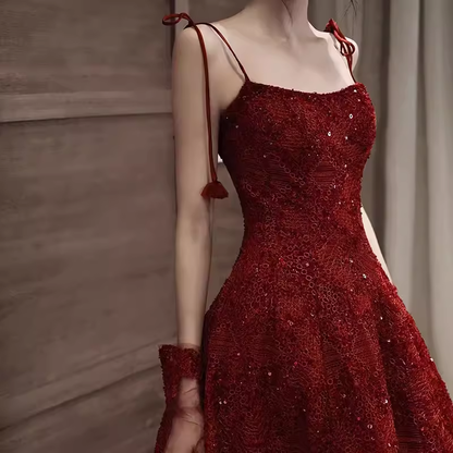 Elegant Spaghetti Straps Vintage Lace Red Dress Women Birthday Outfits P1005