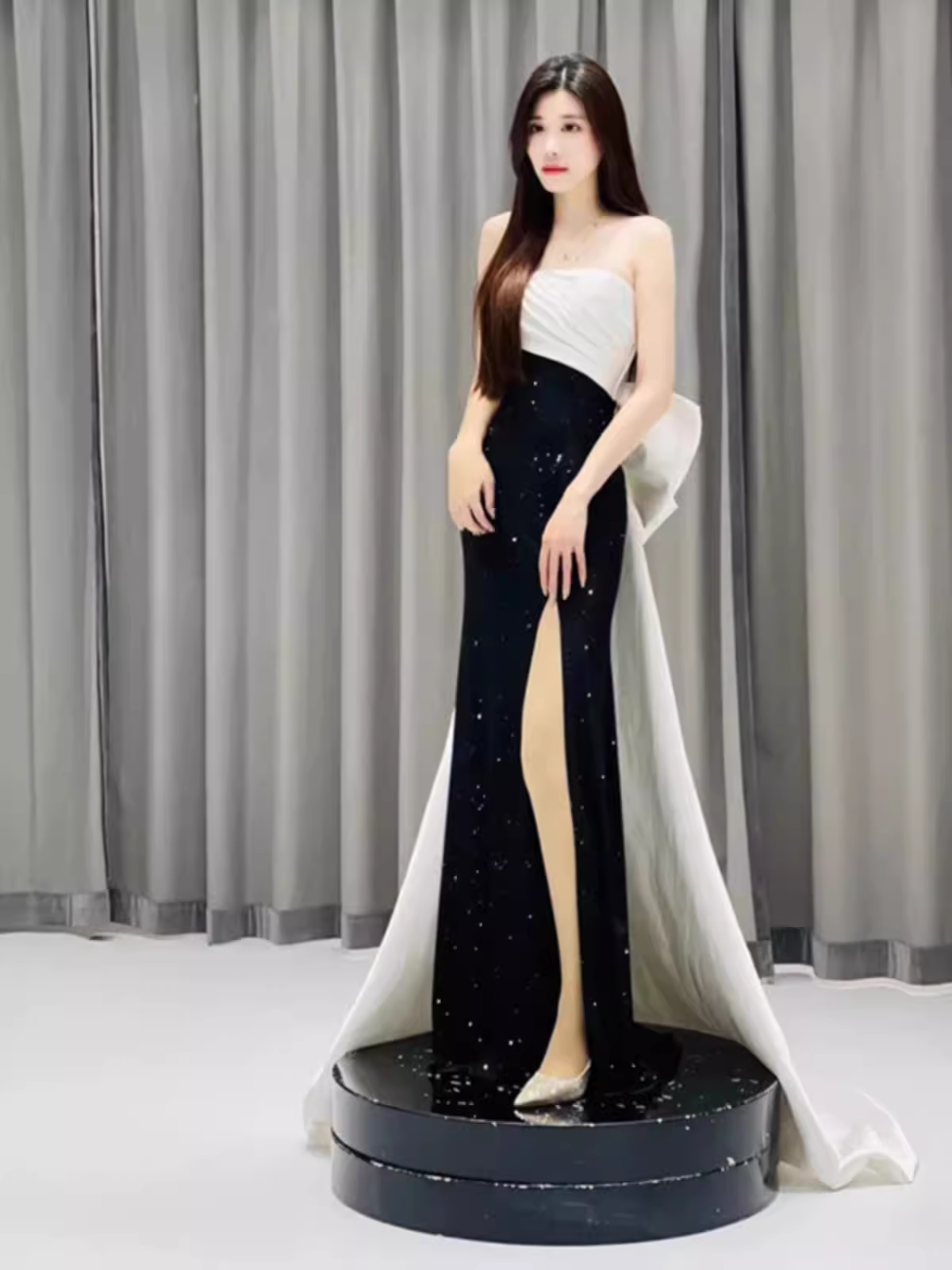 Mermaid Strapless Black Satin Long Slit Prom Dresses P1012