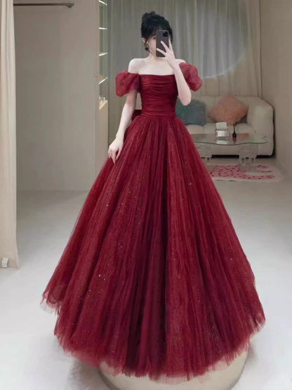 Princess Tulle Burgundy Long Prom Dresses P1014