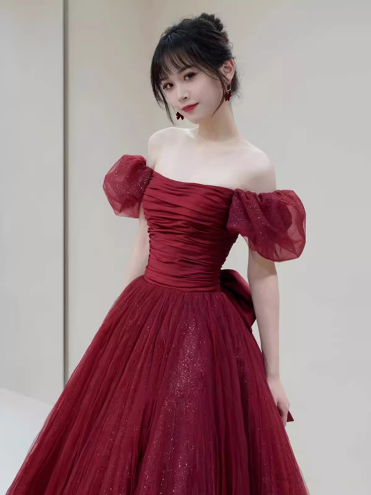 Princess Tulle Burgundy Long Prom Dresses P1014