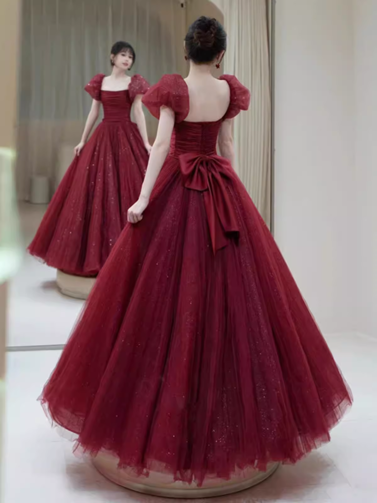 Princess Tulle Burgundy Long Prom Dresses P1014