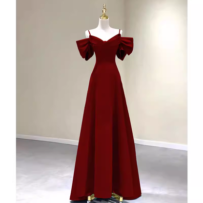 Simple A line Straps Red Satin Long Prom Dresses P1017