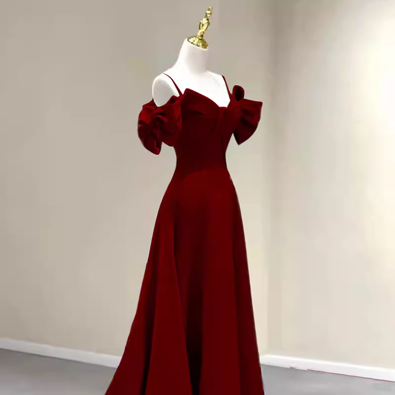 Simple A line Straps Red Satin Long Prom Dresses P1017