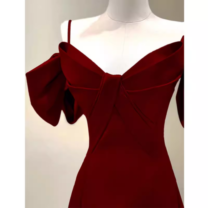 Simple A line Straps Red Satin Long Prom Dresses P1017