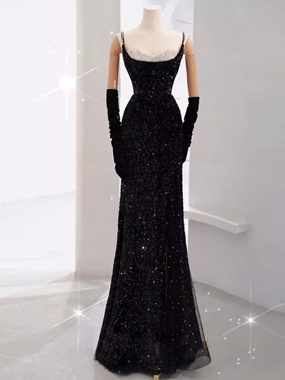 Mermaid Long Prom Dress New Sequin Sexy Black Slit Evening Dress P918