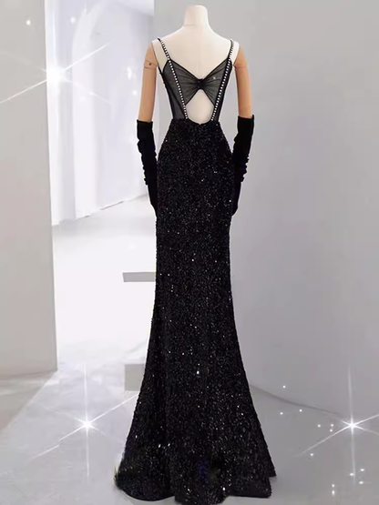 Mermaid Long Prom Dress New Sequin Sexy Black Slit Evening Dress P918