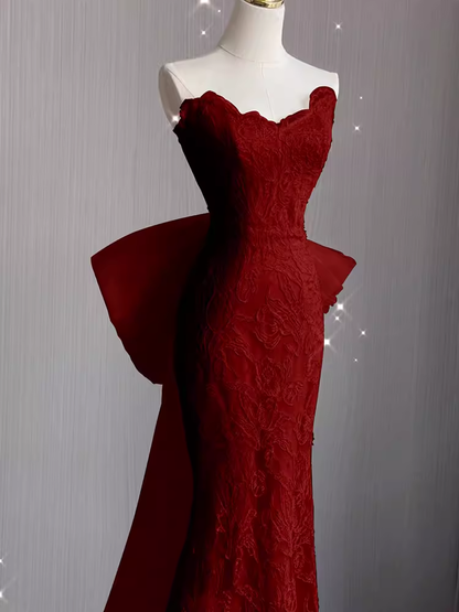 Sexy Mermaid Strapless Red Lace Long Prom Dress P1053