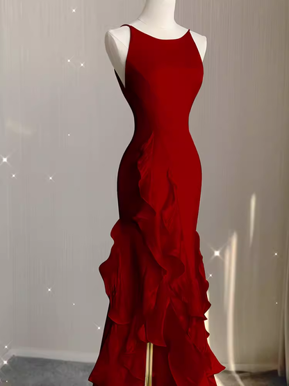 Simple Mermaid Red Chiffon Long Prom Dress P1054