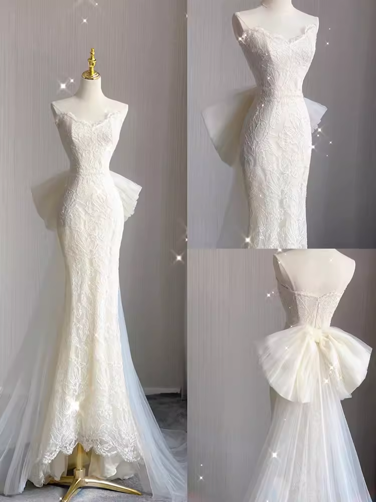 Beautiful Mermaid White Lace Long Wedding Dresses P1059