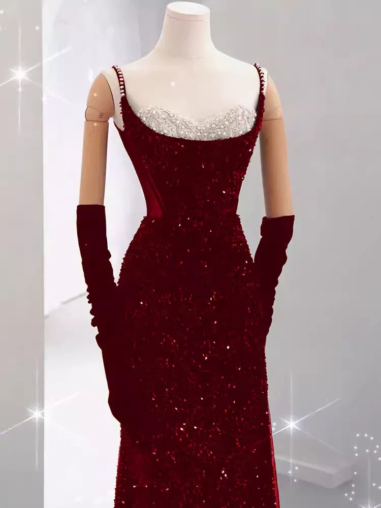 Burgundy Shiny Elegant Long Sequined Ball Gown Evening Dress Party Dress gh5027