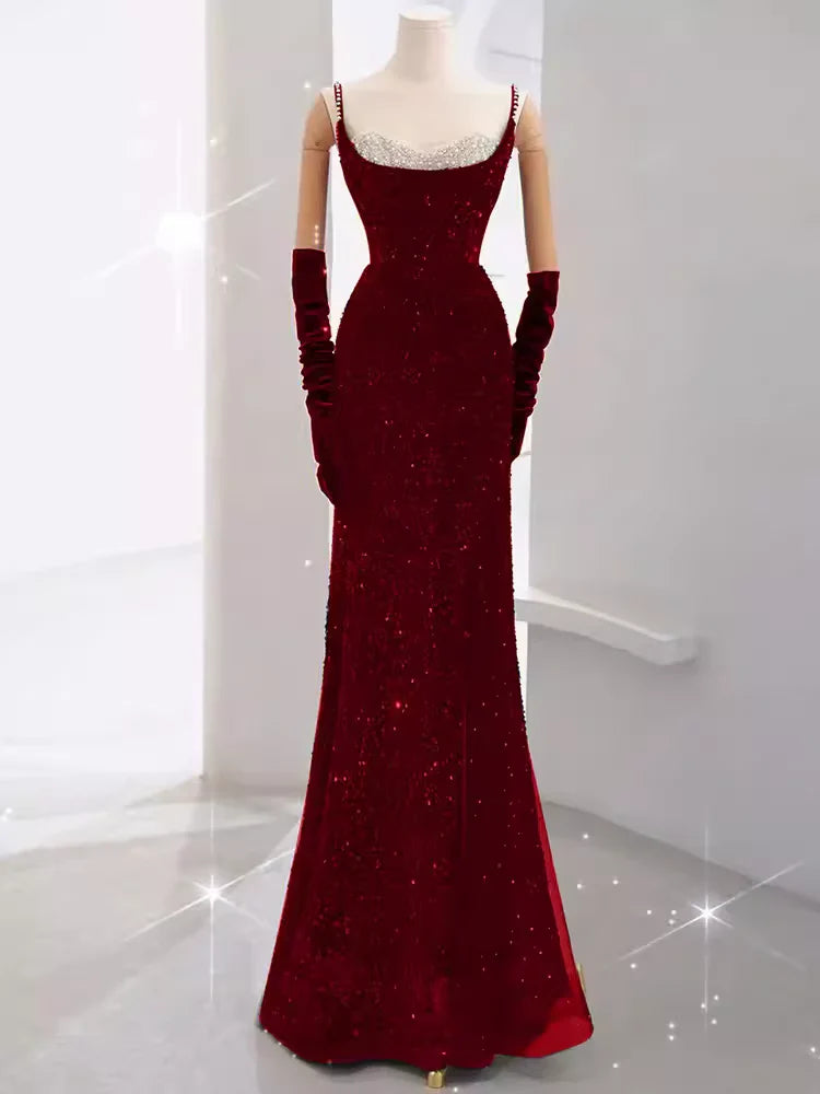 Burgundy Shiny Elegant Long Sequined Ball Gown Evening Dress Party Dress gh5027
