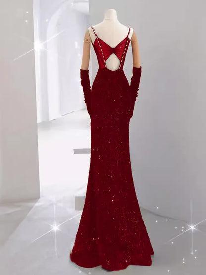 Burgundy Shiny Elegant Long Sequined Ball Gown Evening Dress Party Dress gh5027