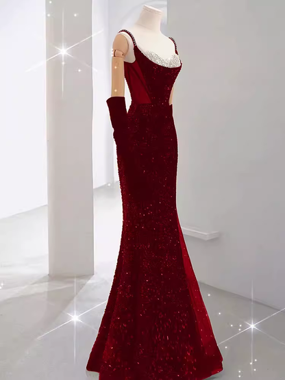 Mermaid Straps Sequin Red Backless Long Prom Dresses P1060