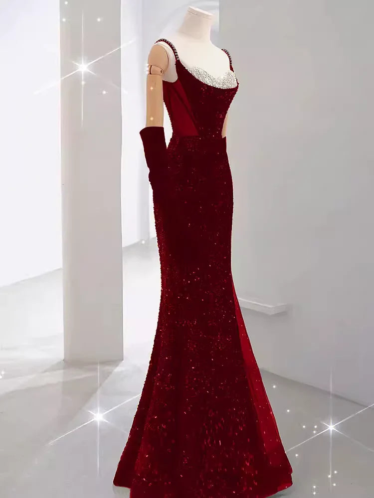 Burgundy Shiny Elegant Long Sequined Ball Gown Evening Dress Party Dress gh5027