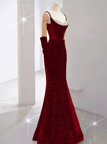 Burgundy Shiny Elegant Long Sequined Ball Gown Evening Dress Party Dress gh5027
