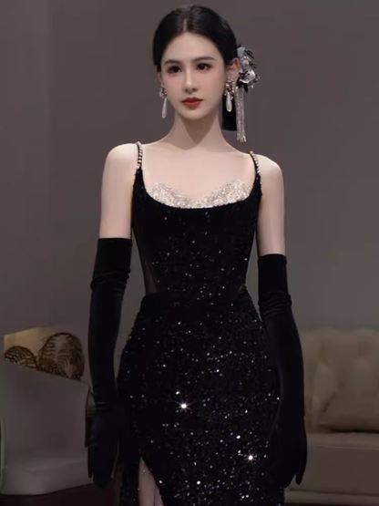 Mermaid Straps Sequin Black Backless Long Prom Dresses P1137