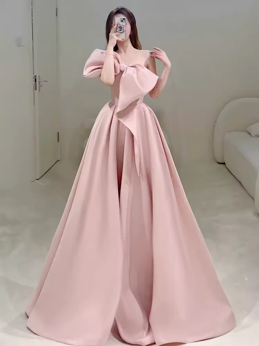 Modest A Line Strapless Long Sleeveless Satin Pink Prom Dresses P1233