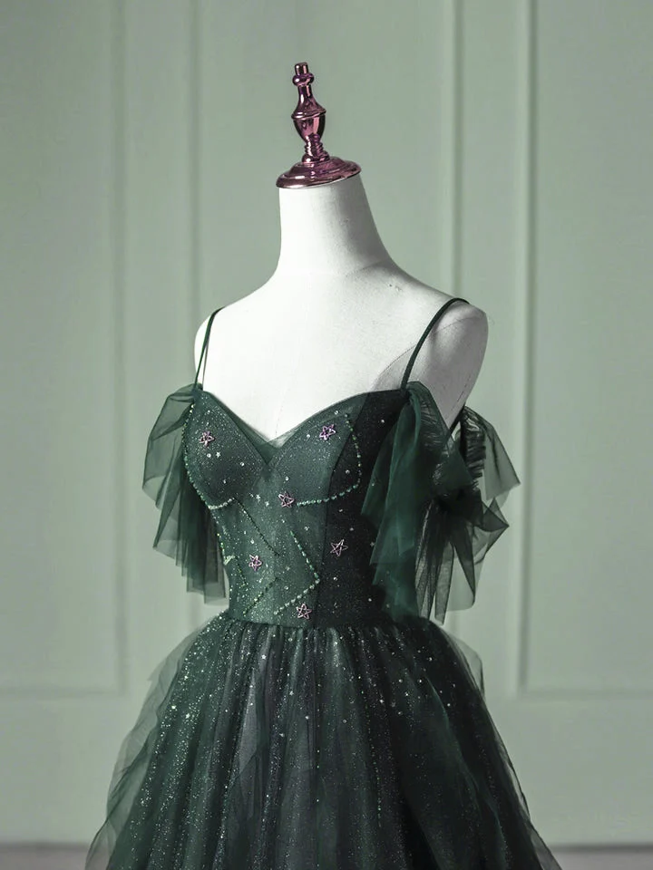 Green Beaded Straps Tulle Layers Long Prom Dress Green Formal Dress P1305