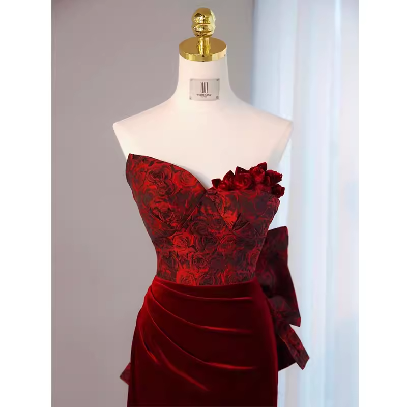 Sexy Sheath Long Senior Burgundy Velvet Prom Dress Formal Dress P1319
