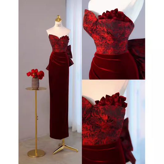 Sexy Sheath Long Senior Burgundy Velvet Prom Dress Formal Dress P1319