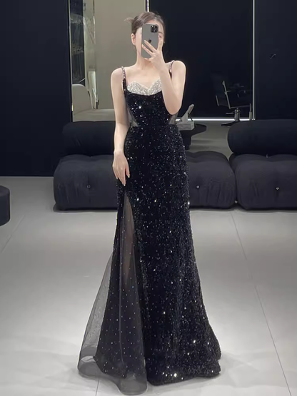 Beautiful Mermaid Straps Slit Black Long Prom Dress P1323