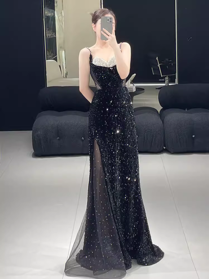 Beautiful Mermaid Straps Slit Black Long Prom Dress P1323