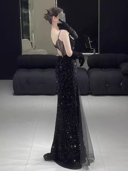 Beautiful Mermaid Straps Slit Black Long Prom Dress P1323