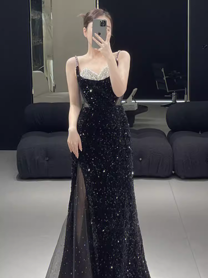 Beautiful Mermaid Straps Slit Black Long Prom Dress P1323