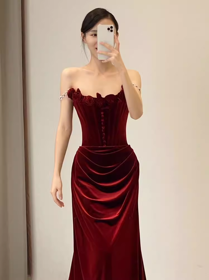 Beautiful Mermaid Strapless Red Velvet Long Prom Dress P1324