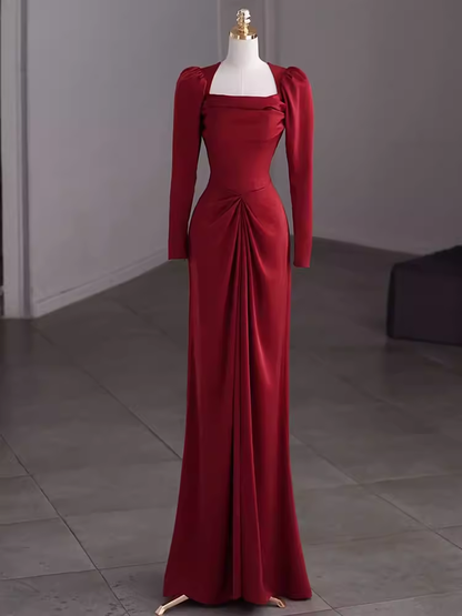 Simple Sheath Long Sleeves Red Prom Dress Evening Dress P1364