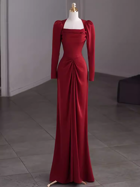 Simple Sheath Long Sleeves Red Prom Dress Evening Dress P1364