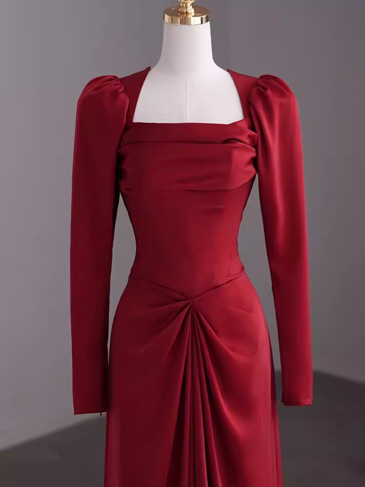 Simple Sheath Long Sleeves Red Prom Dress Evening Dress P1364