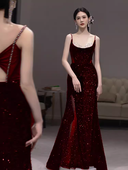 Beautiful Mermaid Straps Slit Burgundy Long Prom Dress P1366