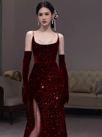 Beautiful Mermaid Straps Slit Burgundy Long Prom Dress P1366