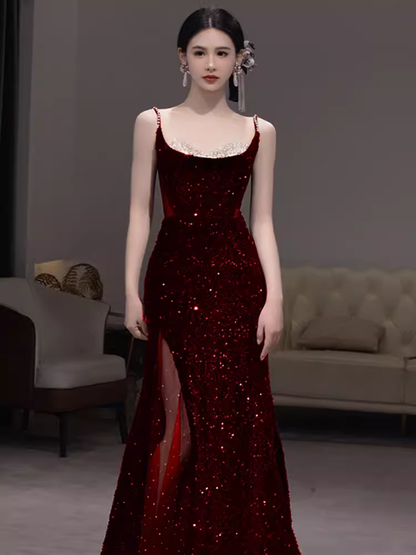 Beautiful Mermaid Straps Slit Burgundy Long Prom Dress P1366