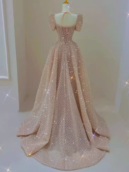 Sparkle A line Square Neckline Sequin Pink Long Prom Dress P1369