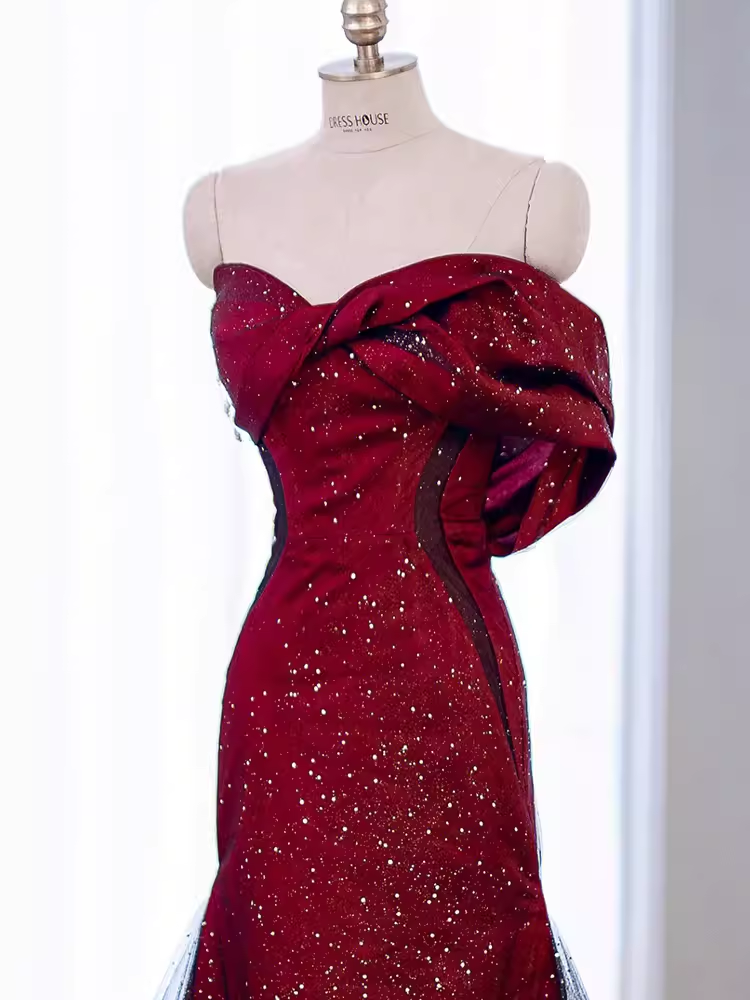 Mermaid Strapless Long Burgundy Prom Dress P1421