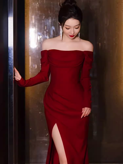 Simple Mermaid Off The Shoulder Long Red Prom Dress P1422