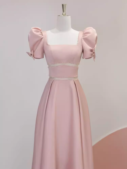 Modest A Line Short Sleeves Long Pink Prom Dress P1424