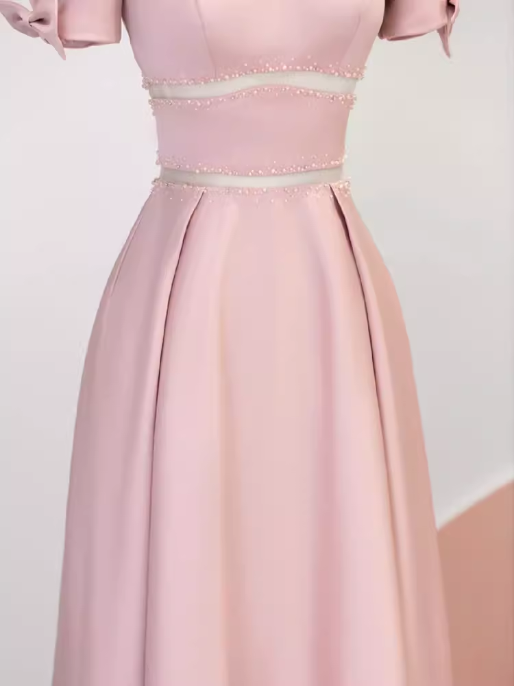 Modest A Line Short Sleeves Long Pink Prom Dress P1424