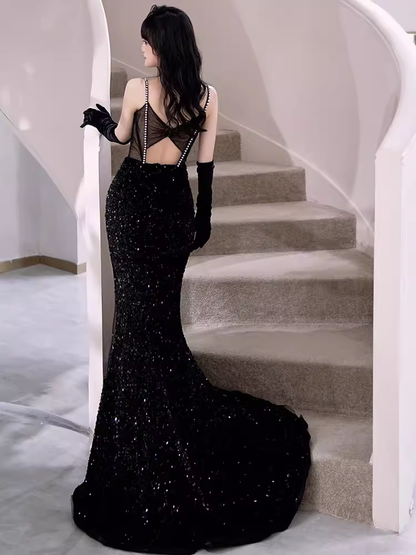 Modest Mermaid Straps Sleeveless Long Black Sequin Prom Dress P1425