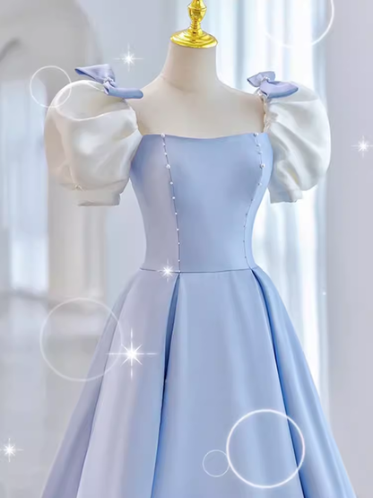 Modest Princess Short Sleeves Long Blue Satin Prom Dress P1426