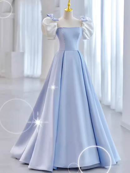 Modest Princess Short Sleeves Long Blue Satin Prom Dress P1426